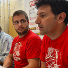 Los responsables de la Curva Soriana durante la rueda de prensa en la que anunciaron que iban a intentar salvar el equipo de voleibol. / ÁLVARO MARTÍNEZ-