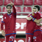 Marc Mateu, Ripa y Nacho festejan uno de los goles durante el último partido del Numancia ante el Sevilla Atlético la semana pasada.-MARIO TEJEDOR