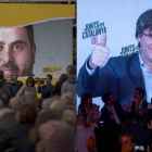 Oriol Junqueras y Carles Puigdemont, en mítines de campaña.-EL PERIÓDICO