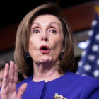 La presidenta de la Cámara de Representantes, Nancy Pelosi, durante el anuncio del acuerdo comercial entre EEUU, Canadá y México.-EFE / MICHAEL REYNOLDS