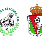 Los escudos del Atlético Astorga y del Real Burgos, en el cartel del partido-AT. ASTORGA
