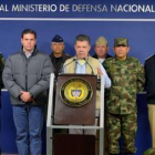 Juan Manuel Santos, durante su comparecencia ante la prensa, el domingo en Bogotá.-REUTERS