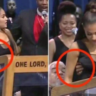 Imágenes en que se ve como el sacerdote toca el pecho a Ariana Grande en el funeral de Aretha Franklin.-EL PERIÓDICO