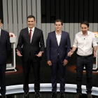 Mariano Rajoy, Pedro Sánchez, Albert Rivera y Pablo Iglesias, justo antes del debate a cuatro, el 13 de junio del 2016.-JOSÉ LUIS ROCA