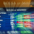 Panel de indicadores en la Bolsa de Madrid.-EFE