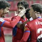 Los jugadores del Numancia celebran el último gol del equipo el pasado lunes ante el Málaga.-LUIS ÁNGEL TEJEDOR