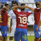 Gaffoo, Natalio y Juanma se lamentan en el partido jugado ante Las Palmas. / Diego Mayor-