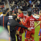 Los jugadores del Numancia celebran el 1-0 materializado por Sergi Enrich.-Diego Mayor