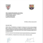 La carta en la que el Barça y el Athletic solicitan formalmente a la Federación Española que la final de Copa se dispute en el Bernabéu.-
