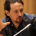 Pablo Iglesias en la intervención ante su grupo parlamentario en el Congreso-JOSÉ LUIS ROCA