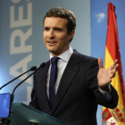 Pablo Casado, el viernes, en rueda de prensa tras conocerse la fecha de las elecciones.-DAVID CASTRO