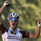El ciclista francés Alexis Vuillermoz celebra su victoria en la octava etapa del Tour, al cruzar la línea de meta en el Muro de Bretaña.-AFP