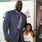 Shaquille O'Neal y Simone Biles, en la Super Bowl.-