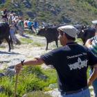 Ganaderos contemplan el paso de la manada durante una jornada de trashumancia de la raza avileña-negra ibérica, poco antes de la llegada del ganado a los descansaderos del puerto de El Pico, en Ávila. --ICAL