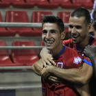 Pere Milla celebra el gol de la victoria junto a Manu, Diamanka y Mateu.-Daniel Rodríguez
