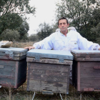 El apicultor soriano Vidal Cervero junto a algunas de sus colmenas.-A. M.
