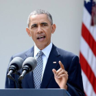 El presidente de EEUU, Barack Obama, durante la conferencia de prensa en la Casa Blanca, Washington.-Foto:   OLIVER DOULIERY / EFE