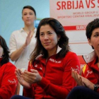 Conchita Martínez, Garbiñe Muguruza y Carla Suárez, en la rueda de prensa del equipo español en Kraljevo.-FEDCUP / SRDJAN STEVANOVIC