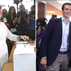 Soraya Sáenz de Santamaría y Pablo Casado, en el momento de depositar sus respectivos votos.-EL PERIÓDICO