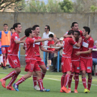 Los jugadores del Numancia B celebran el gol de Edipo que significaba el momentáneo 0-1.-Diario del Alto Aragón