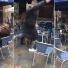 Imágenes del vídeo de la agresión de un ultra del Betis a un joven en Bilbao.-