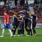 Los jugadores del Numancia celebran uno de los goles anotados en Montilivi.-ÁREA 11