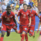 Diamanka, seguido por Nacho, Escassi y Pere Milla, celebra el gol que noqueaba al Zaragoza en el pasado play off.-Valentín Guisande