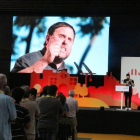 Imagen de Oriol Junqueras en una pantalla durante la conferencia nacional de ERC, este sábado.-ACN / BERNAT VILARÓ