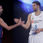 Felipe Reyes, junto a Juan Carlos Navarro, durante la presentación este lunes de la Liga Endesa-JOSE LUIS ROCA