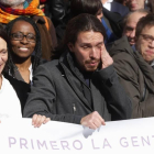 Pablo Iglesias, Xavier Domènech y Joan Baldoví entran en la rueda de prensa en la sede de Princesa, en Madrid.-JUAN MANUEL PRATS