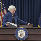 Janet Yellen, presidenta de la Reserva Federal, en una rueda de prensa, en Washington.-SUSAN WALSH