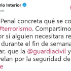 El polémico tuit del ministerio de Interior sobre qué se considera delito de terrorismo según el Código Penal.-EL PERIÓDICO