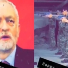 Soldados británicos en un entrenamiento de tiro disparando a imagen de Jeremy Corbyn.-EL PERIÓDICO