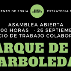 Detalle del cartel anunciador de la asamblea abierta de esta tarde sobre el parque de La Arboleda de Soria. HDS
