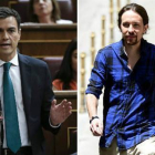 Pedro Sánchez y Pablo Iglesias.-Foto:   EFE / EMILIO NARANJO / AFP / GERARD JULIEN