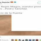 Captura del vídeo de la cuenta oficial del PP en Twitter en el que un niño pide a los Reyes Magos la desparición de Pedro Sánchez.-EL PERIÓDICO