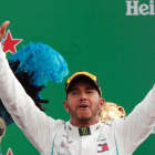 Lewis Hamilton, en el podio de Monza, septiembre del 2018.-STEFANO RELLANDINI