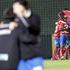 Los jugadores del Numancia celebran uno de los goles marcados ante el Castilla. / ÁREA 11-