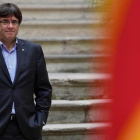 Carles Puigdemont posa junto a la senyera.-/ PIERRE-PHILIPPE MARCOU (AFP)