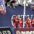 Los jugadores numantinos celebran el gol de Braian durante los primeros 90 minutos. / ÁREA 11-