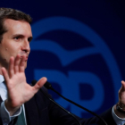 El presidente del PP, Pablo Casado, durante su comparecencia en la sede del partido-CHEMA MOYA