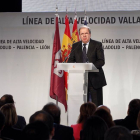 El presidente de la junta, Juan Vicente Herrera, durante su intervención en la inauguración de la línea de alta velocidad que hace el trayecto Madrid-Palencia-León-Ical