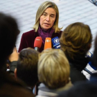 La jefa de la diplomacia europea, Federica Mogherini, en la rueda de prensa tras el reunión de ministros de Exteriores de la UE.-AFP / JOHN THYS