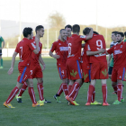 Los jugadores del Numancia B celebran uno de los cuatro goles que ayer le marcaron al Villamuriel.-Diego Mayor