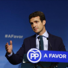 El vicesecretario general del PP, Pablo Casado, este martes en la sede central de su partido tras participar en el comité de dirección popular-AGUSTÍN CATALÁN