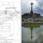 A la izquierda, uno de los planos de ejecución que manejan los técnicos de Patrimonio Nacional para exhumar a Franco. A la derecha, la Cruz de los Caídos, vista desde la abadía benedictina que la custodia.-JOSÉ LUIS ROCA