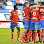 Los jugadores del Numancia celebran uno de los goles anotados en 2012. / D. Mayor-