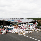 El camión volcado en la A11 con la carga esparcida por la calzada.