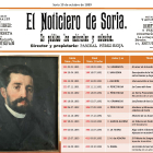 Cuadro resumen de publicaciones de El Noticiero de Soria en sus primeros años y
retrato de Pascual Pérez-Rioja por Maximino Peña.