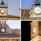 Arriba a la izquierda, reloj del Ayuntamiento de Morón; arriba a la derecha, reloj del Palacio de la Audiencia de Soria; abajo a la izquierda, reloj del Ayuntamiento de El Burgo de Osma; abajo a la derecha, reloj de la Puerta de la Villa de Almazán.